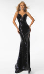 Sophisticated V-neck Sleeveless Sheath Natural Waistline Back Zipper Sequined Slit Open-Back Floor Length Sheath Dress/Prom Dress With Rhinestones