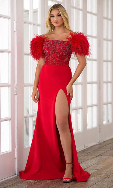 Sexy Corset Natural Waistline Off the Shoulder Mermaid Slit Jeweled Hidden Back Zipper Sheer Illusion Beaded Prom Dress with a Brush/Sweep Train