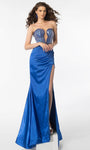 Strapless Basque Waistline Slit Illusion Ruched Sequined Open-Back Beaded Trim Mermaid Plunging Neck Sweetheart Prom Dress with a Brush/Sweep Train