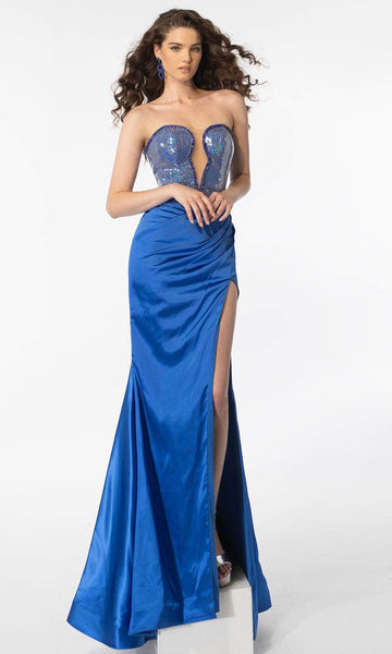 Strapless Plunging Neck Sweetheart Basque Waistline Mermaid Ruched Illusion Sequined Slit Open-Back Beaded Trim Prom Dress with a Brush/Sweep Train