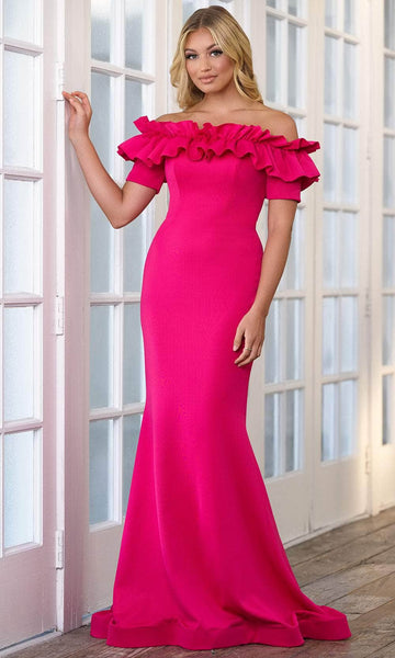 Mermaid Short Sleeves Sleeves Off the Shoulder Floor Length Open-Back Ruched Back Zipper Natural Waistline Prom Dress with a Brush/Sweep Train With Ruffles