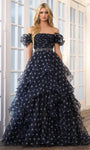 A-line Belted Beaded Tiered Ruched V Back Short Polka Dots Print Puff Sleeves Sleeves Off the Shoulder Natural Waistline Prom Dress with a Brush/Sweep Train With Ruffles