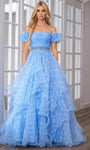 A-line Natural Waistline Belted Beaded V Back Tiered Ruched Polka Dots Print Short Puff Sleeves Sleeves Off the Shoulder Prom Dress with a Brush/Sweep Train With Ruffles