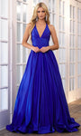 A-line V-neck Sleeveless Back Zipper Cutout Pleated Halter Plunging Neck Empire Waistline Prom Dress with a Brush/Sweep Train