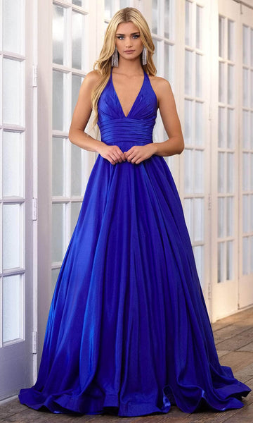 A-line V-neck Empire Waistline Sleeveless Cutout Back Zipper Pleated Halter Plunging Neck Prom Dress with a Brush/Sweep Train