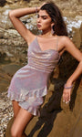 V-neck Spaghetti Strap Cocktail Short Bandeau Neck Sheath Asymmetric Sequined Ruffle Trim Natural Waistline Sheath Dress