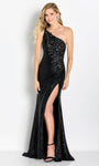 Sexy Sheath Asymmetric Sequined Applique Jeweled Slit One Shoulder Natural Waistline Floral Print Sheath Dress/Evening Dress with a Brush/Sweep Train