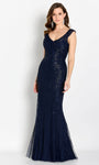 V-neck Glittering Sequined Semi Sheer Sheer Back Back Zipper Open-Back Beaded Tulle Fall Cap Sleeves Sheath Portrait Neck Natural Waistline Sheath Dress with a Brush/Sweep Train