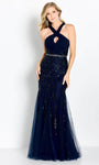 Shirred Embroidered Sequined Beaded Draped Cutout Mermaid Tulle Sleeveless Halter Natural Waistline Floor Length Evening Dress With a Bow(s) and a Sash