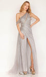 A-line Striped Print Off the Shoulder One Shoulder Sleeveless Natural Waistline Floor Length Sheer Slit Goddess Draped Asymmetric Faux Wrap Cutout Evening Dress with a Brush/Sweep Train With a Sash