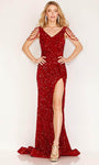 Sophisticated V-neck Floor Length Natural Waistline Slit Open-Back Sequined Sleeveless Sheath Sheath Dress/Evening Dress with a Brush/Sweep Train