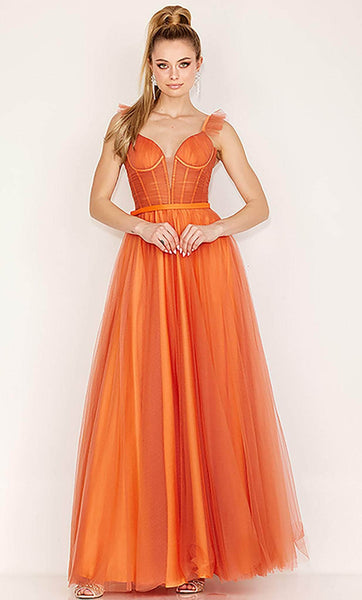 A-line Sweetheart Sleeveless Corset Natural Waistline Floor Length Sheer Ruffle Trim Prom Dress