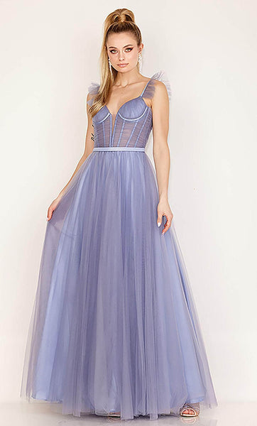 A-line Corset Natural Waistline Sheer Sweetheart Ruffle Trim Floor Length Sleeveless Prom Dress