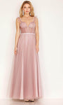 A-line Sleeveless Corset Natural Waistline Sheer Floor Length Ruffle Trim Sweetheart Prom Dress