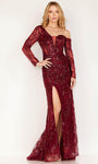 Sweetheart Sheath Sheer Long Sleeves Off the Shoulder Natural Waistline Floor Length Glittering Slit Sequined Sheath Dress with a Brush/Sweep Train