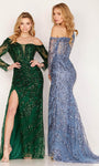 Natural Waistline Sheath Sweetheart Floor Length Sheer Long Sleeves Off the Shoulder Sequined Slit Glittering Sheath Dress with a Brush/Sweep Train