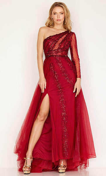 Sophisticated Asymmetric Slit Illusion Sequined Fitted Floor Length Long Sleeves One Shoulder Sheath Natural Waistline Sheath Dress/Evening Dress