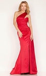 A-line One Shoulder Floor Length Natural Waistline Fitted Pleated Asymmetric Ruched Evening Dress