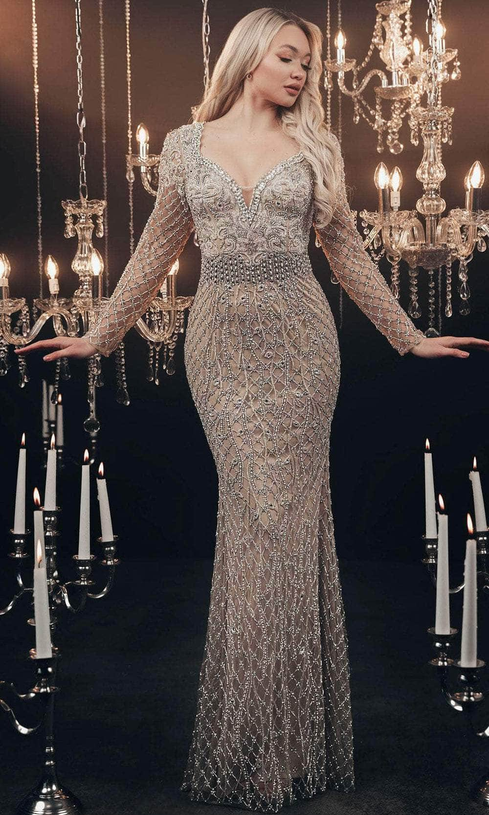 Chic and Holland HF110104 - Long Sleeve Beaded Evening Gown
