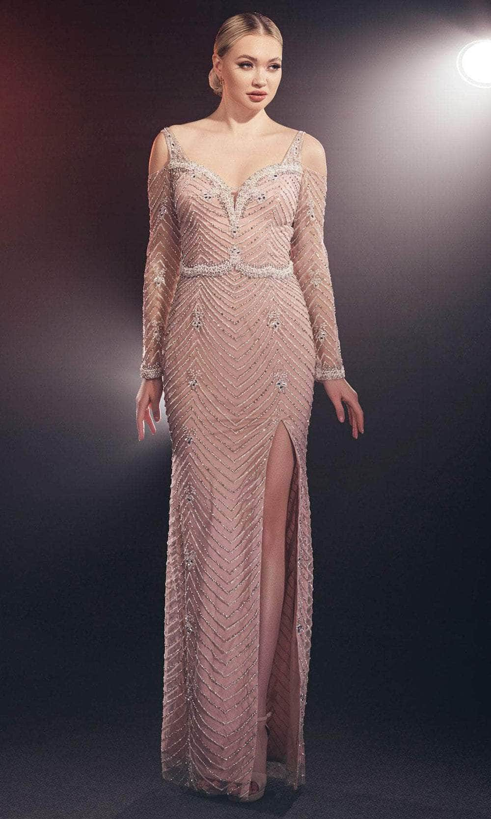 Chic and Holland HF110106 - Long Sleeve Cold Shoulder Gown
