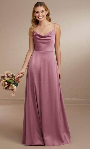 A-line Natural Waistline Pocketed Sleeveless Spaghetti Strap Cowl Neck Floor Length Charmeuse Prom Dress