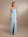 Sophisticated A-line Charmeuse Floor Length Ruched Draped Open-Back Slit Off the Shoulder Natural Waistline Prom Dress