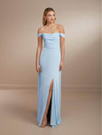 Sophisticated A-line Floor Length Charmeuse Natural Waistline Ruched Slit Draped Open-Back Off the Shoulder Prom Dress