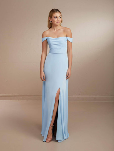 Sophisticated A-line Floor Length Natural Waistline Ruched Slit Draped Open-Back Off the Shoulder Charmeuse Prom Dress