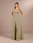 Sophisticated A-line V-neck Plunging Neck Empire Waistline One Shoulder Sleeveless Slit Open-Back Pocketed Back Zipper Chiffon Dress With a Bow(s)