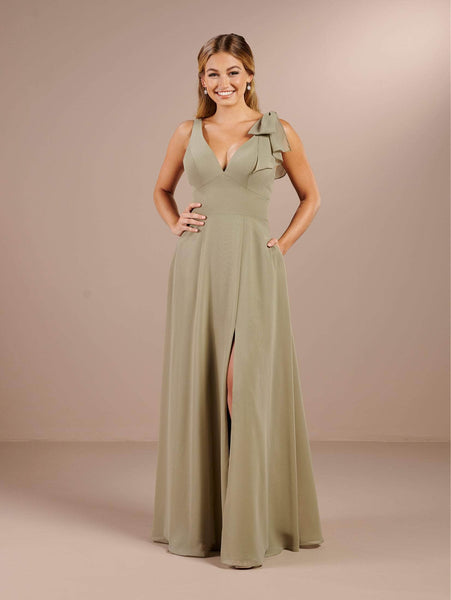 Sophisticated A-line V-neck Empire Waistline Plunging Neck Chiffon One Shoulder Sleeveless Pocketed Back Zipper Slit Open-Back Dress With a Bow(s)
