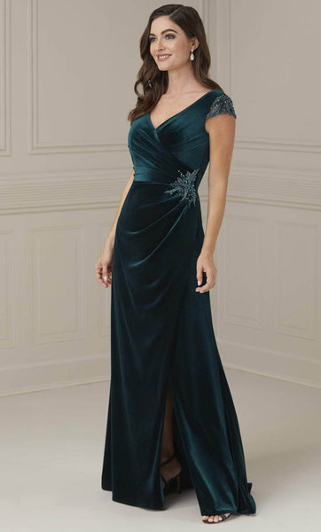 Sexy V-neck Natural Waistline Slit Draped Wrap Beaded Ruched Open-Back Hidden Back Zipper Applique Mermaid Cap Sleeves Evening Dress with a Brush/Sweep Train