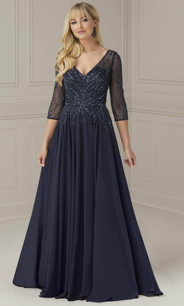 Sophisticated A-line V-neck Natural Waistline Illusion Beaded Sheer Draped Evening Dress with a Brush/Sweep Train