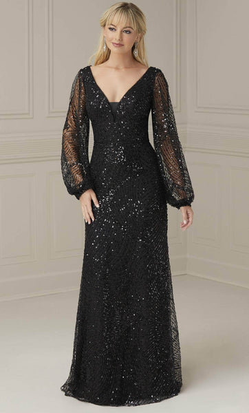 V-neck Lace Bishop Sleeves Sequined Open-Back Illusion Sheer Sheath Natural Waistline Sheath Dress/Evening Dress with a Brush/Sweep Train