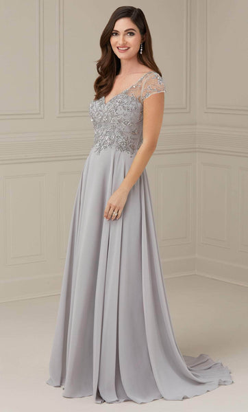 A-line V-neck Natural Waistline Chiffon Sweetheart Fall Cap Sleeves Sheer Embroidered Illusion Beaded Evening Dress/Party Dress/Wedding Dress with a Brush/Sweep Train