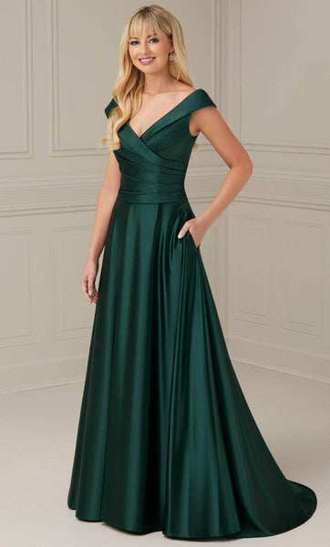 A-line V-neck Portrait Neck Natural Waistline Pocketed Wrap Pleated Open-Back Cap Sleeves Crepe Evening Dress with a Brush/Sweep Train