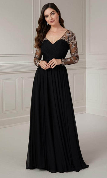 A-line V-neck Natural Waistline Embroidered Fitted Flower(s) Illusion Open-Back Shirred Applique Sheer Back Zipper Flutter Long Sleeves Evening Dress with a Brush/Sweep Train With Ruffles
