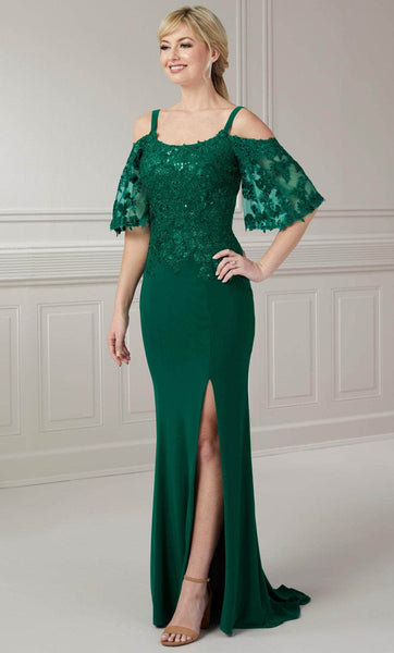 Sexy Sheath Bell Cold Shoulder Sleeves Natural Waistline Open-Back Slit Back Zipper Sheer Sequined Scoop Neck Floor Length Sheath Dress/Evening Dress with a Brush/Sweep Train