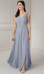 A-line V-neck Belted Pleated V Back Slit Beaded Draped Sleeveless Natural Waistline Evening Dress with a Brush/Sweep Train