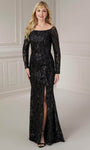 Floor Length Hidden Back Zipper Slit Sequined Open-Back Natural Waistline Sheath Long Sleeves Off the Shoulder Lace Sheath Dress/Evening Dress With Ruffles