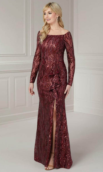 Open-Back Hidden Back Zipper Sequined Slit Long Sleeves Off the Shoulder Sheath Lace Floor Length Natural Waistline Sheath Dress/Evening Dress With Ruffles