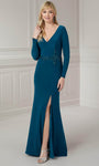 Sexy V-neck Sheath Plunging Neck Slit Back Zipper Beaded V Back Wrap Natural Princess Seams Waistline Jersey Floor Length Long Sleeves Sheath Dress/Evening Dress with a Brush/Sweep Train