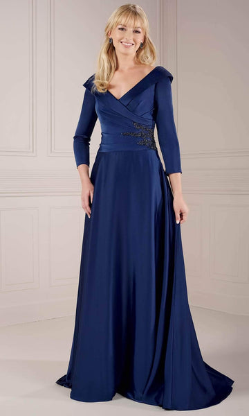 A-line V-neck Natural Waistline Collared Portrait Neck 3/4 Sleeves Charmeuse Beaded Hidden Back Zipper Pocketed Evening Dress with a Brush/Sweep Train