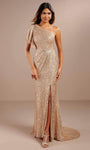 Sophisticated Gathered Sequined Draped Slit Asymmetric Flutter Sleeves One Shoulder Sheath General Print Natural Waistline Sheath Dress/Evening Dress/Mother-of-the-Bride Dress with a Brush/Sweep Train