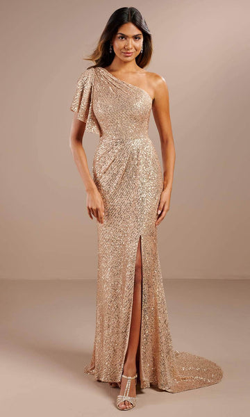 Sophisticated Natural Waistline Flutter Sleeves One Shoulder Gathered Sequined Draped Slit Asymmetric General Print Sheath Sheath Dress/Evening Dress/Mother-of-the-Bride Dress with a Brush/Sweep Train