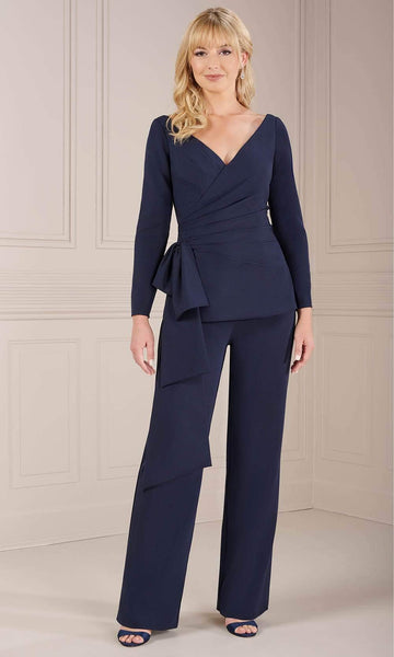 Sophisticated V-neck Crepe Long Sleeves Draped Faux Wrap Hidden Back Zipper Natural Waistline Jumpsuit With a Bow(s)