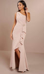 Crepe Natural Waistline Asymmetric Slit Draped Open-Back Beaded Ruched Hidden Back Zipper One Shoulder Sleeveless Spaghetti Strap Sheath Sheath Dress/Evening Dress with a Brush/Sweep Train With Ruffle