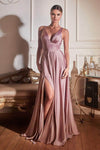 Sexy A-line V-neck Sleeveless Floor Length Ruched Flowy Banding V Back Slit Back Zipper Fitted Empire Waistline Satin Dress