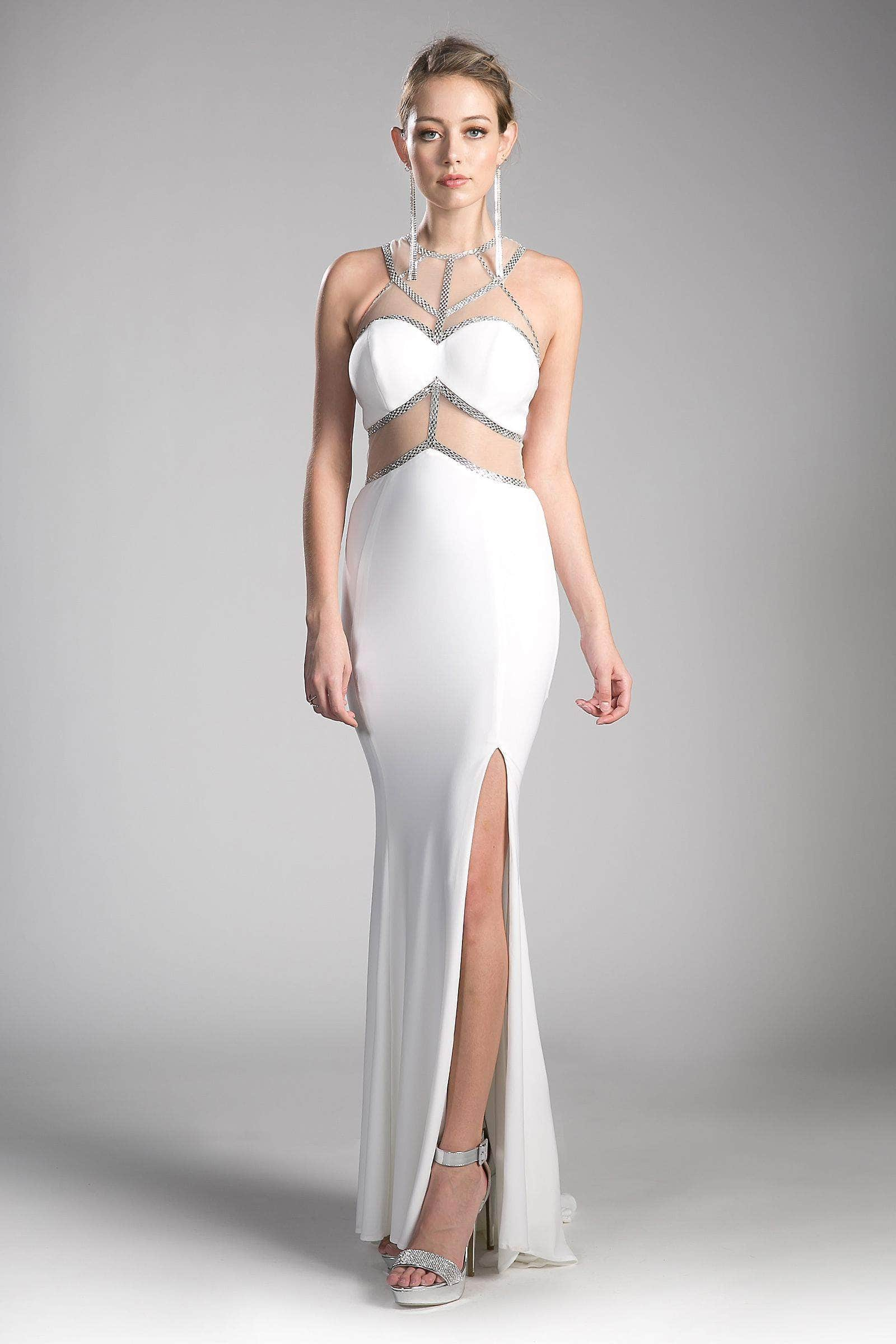 Cinderella Divine - Sleeveless Embellished Sheer Halter Fitted Dress
