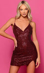 Sophisticated V-neck Plunging Neck Slit Open-Back Fitted Lace-Up Sequined Sleeveless Spaghetti Strap Cocktail Short Natural Waistline Sheath Sheath Dress