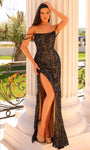 Scoop Neck Natural Waistline Off the Shoulder Open-Back Beaded Applique Back Zipper Slit Sequined Lace Sheath Sheath Dress/Evening Dress/Prom Dress with a Brush/Sweep Train